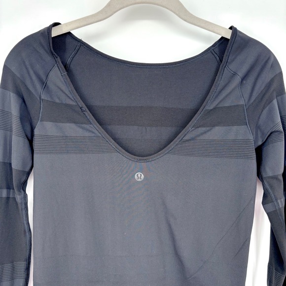 Lululemon Glow and Gleam Bodysuit Sz 6 Black Long Sleeve Seamless Ribbed Striped - Picture 9 of 15